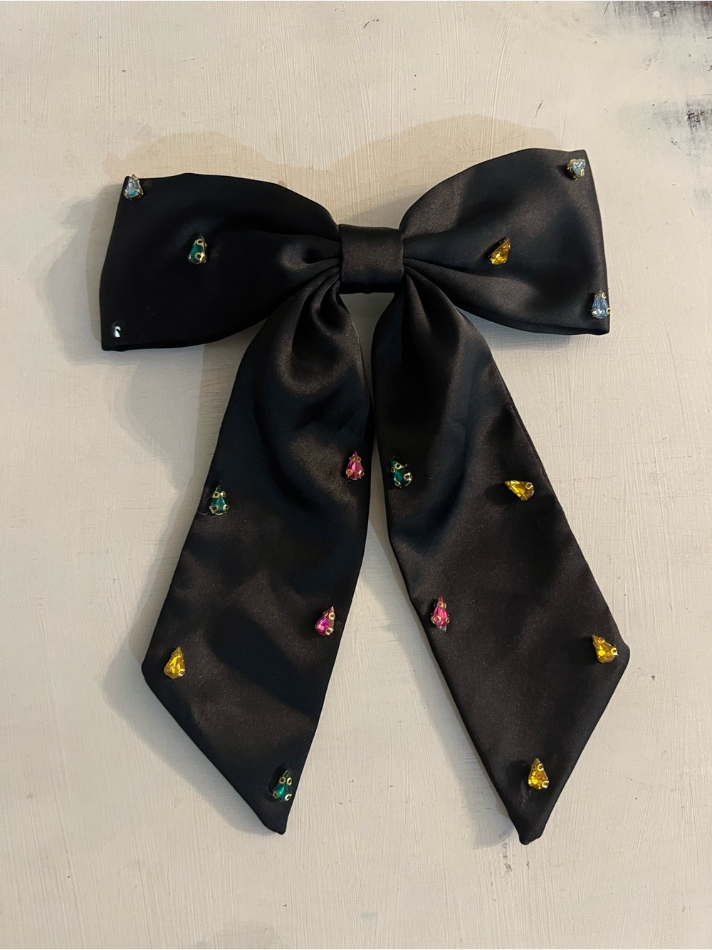 Black Satin Bow Hair Clip with Multicolor Gems - Kids Accessories